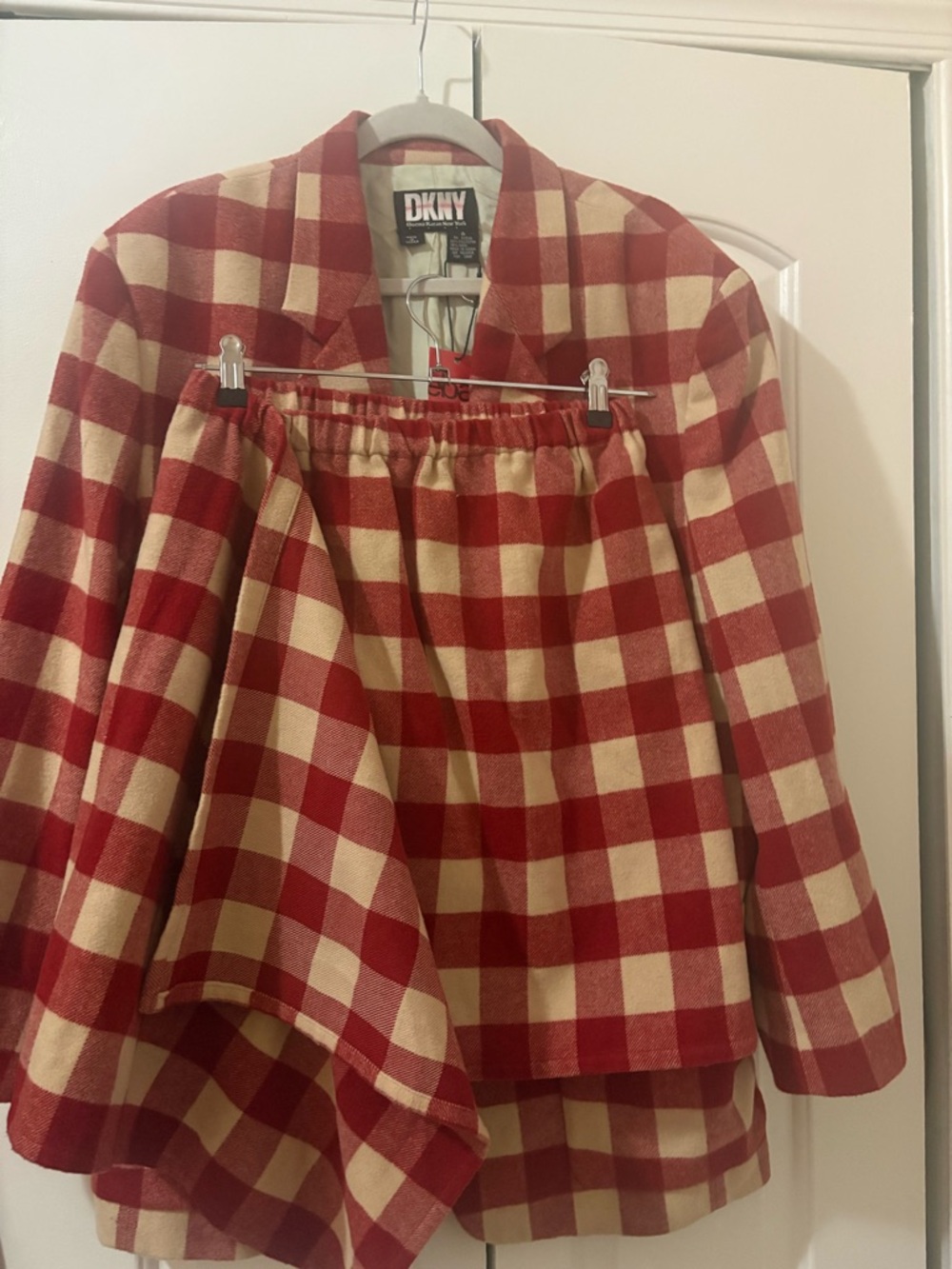 DKNY Red and Cream Checked Coat